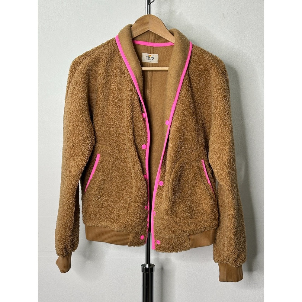 Marine Layer Sherpa Bomber Jacket Brown Neon Pink Trim 14709 Small